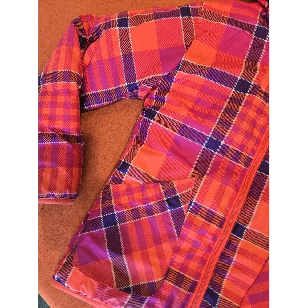 Columbia Girls L Plaid Hooded Reversible Puffer Jacket Full Zip Orange Pink
